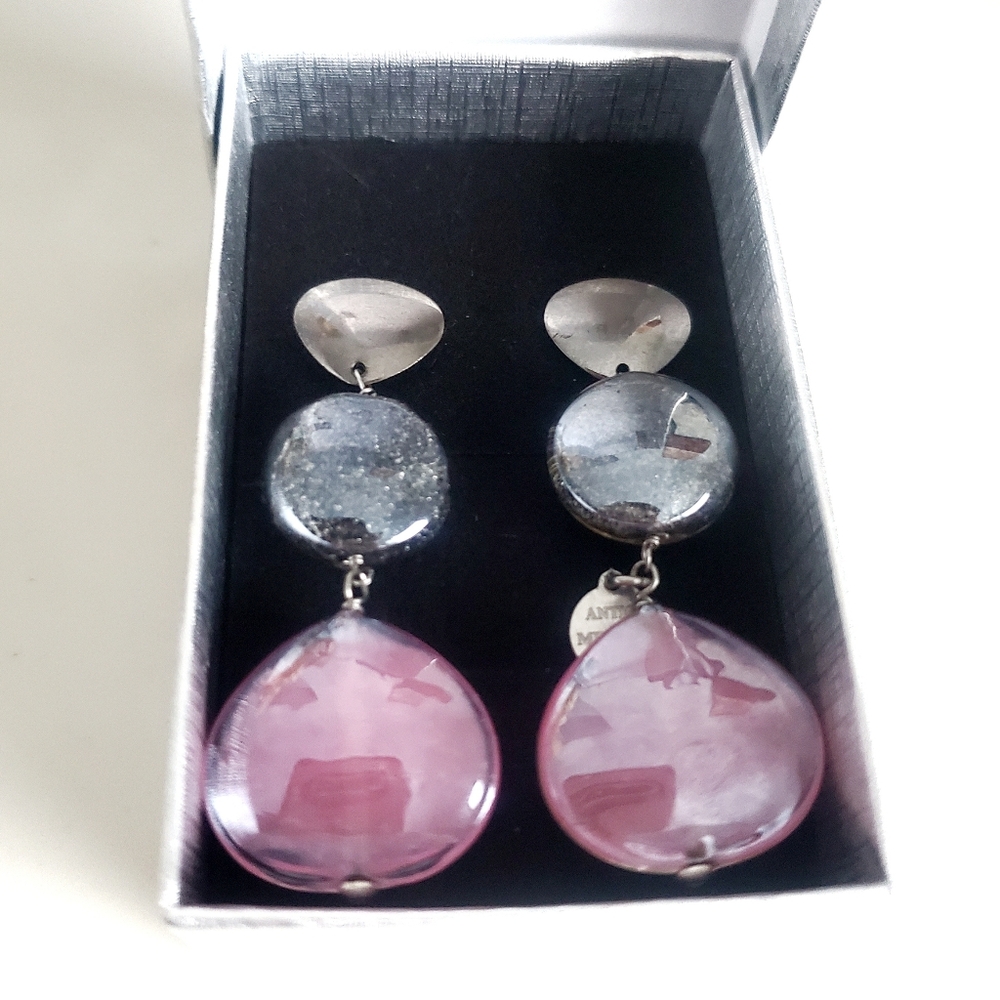 ANTICA MURRINA Murano Glass Dangly Earrings Candy Pink, Silver Metallic Gunmetal